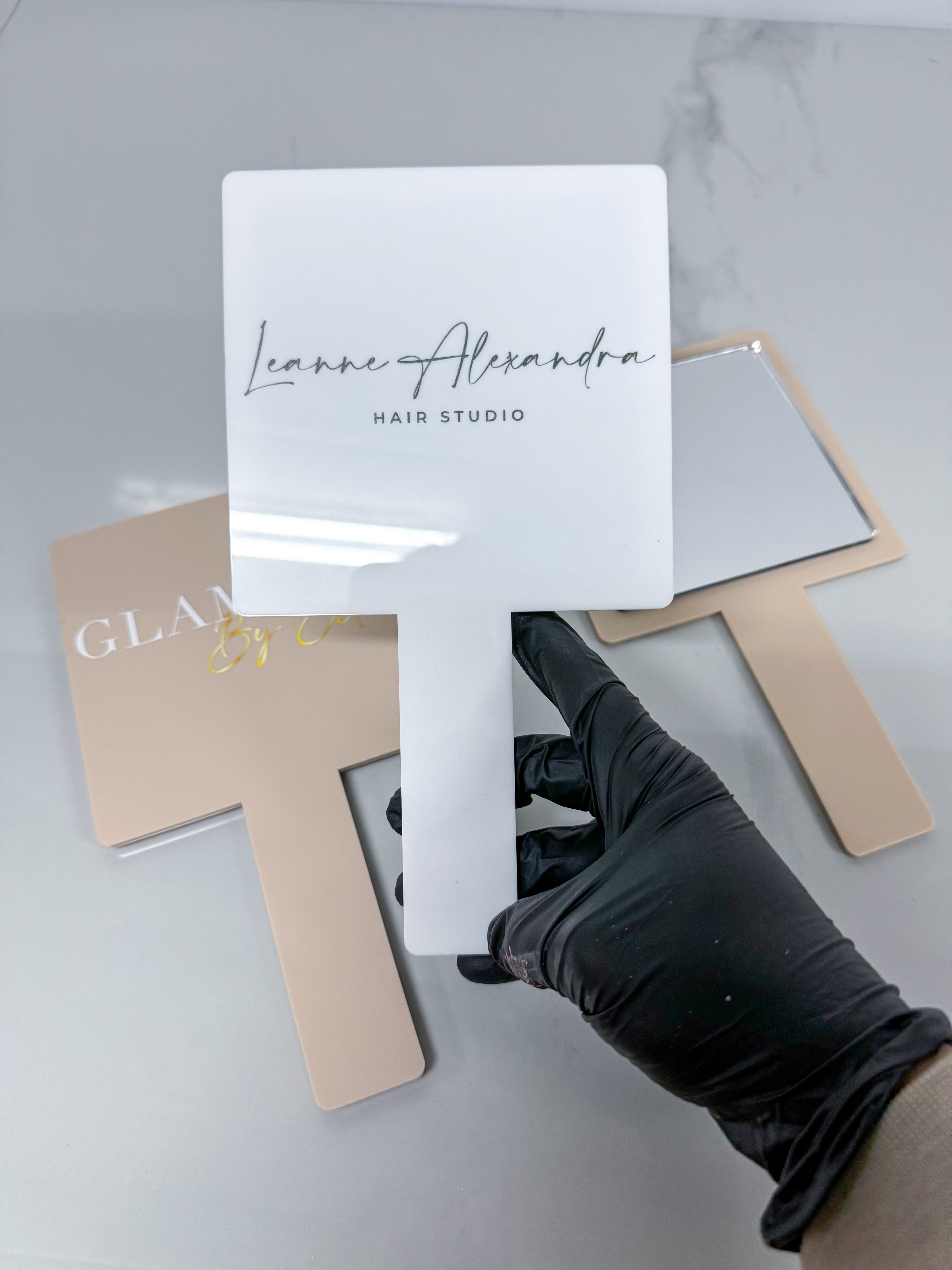 Branded beauty salon mirror with logo for lash and brow technicians