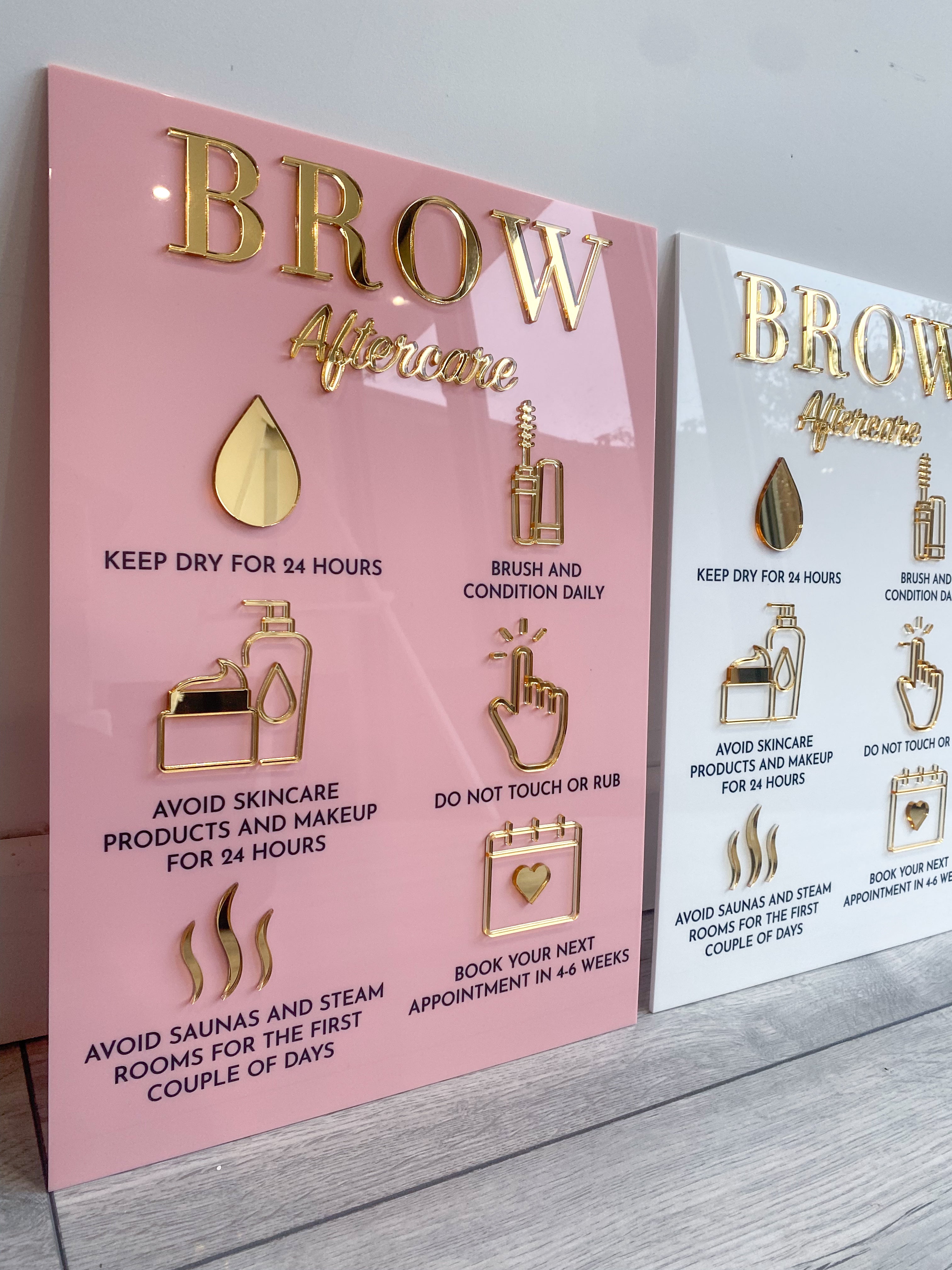 Brow aftercare acrylic sign in white and gold