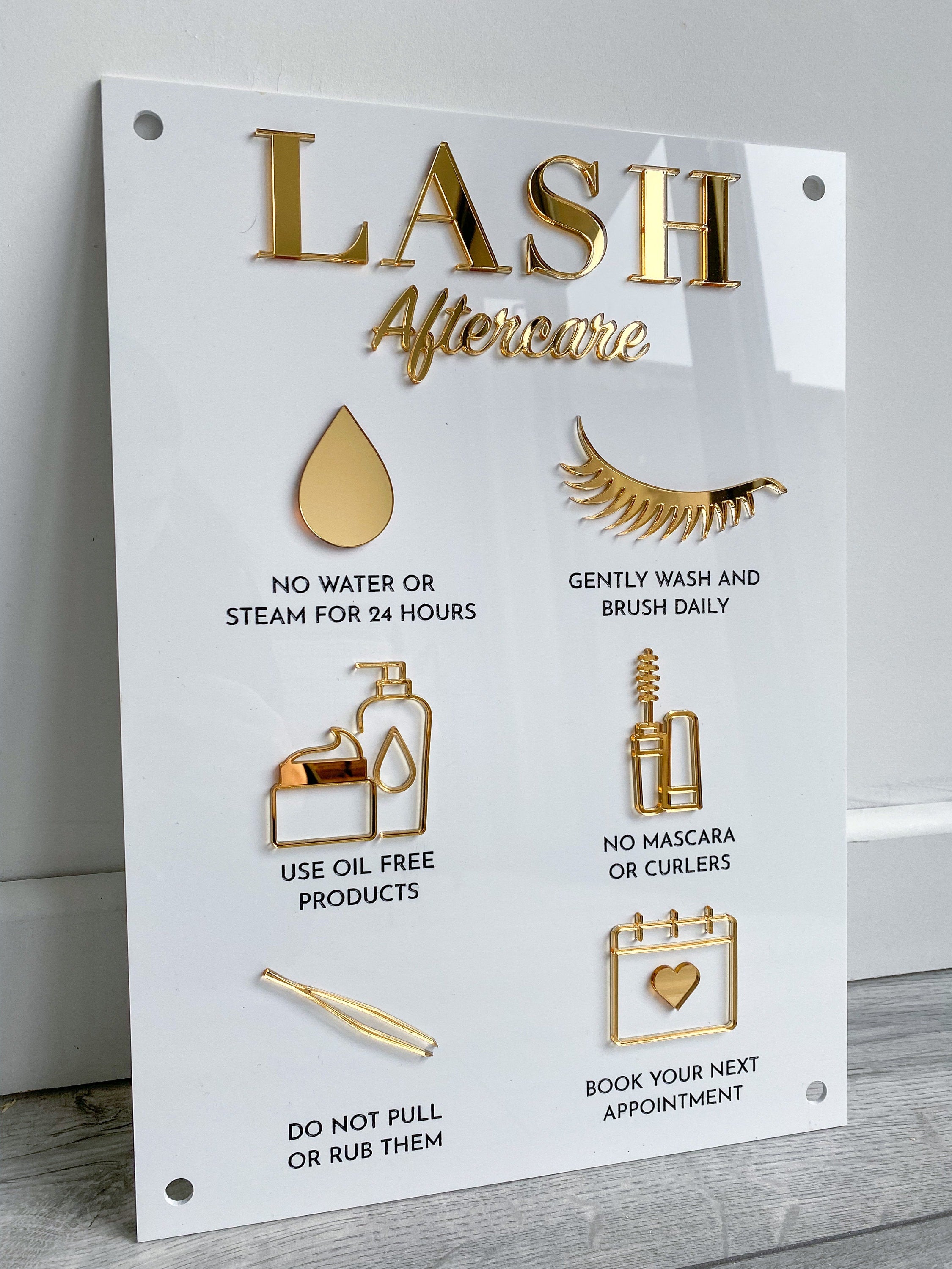 Lash aftercare acrylic sign in white and gold