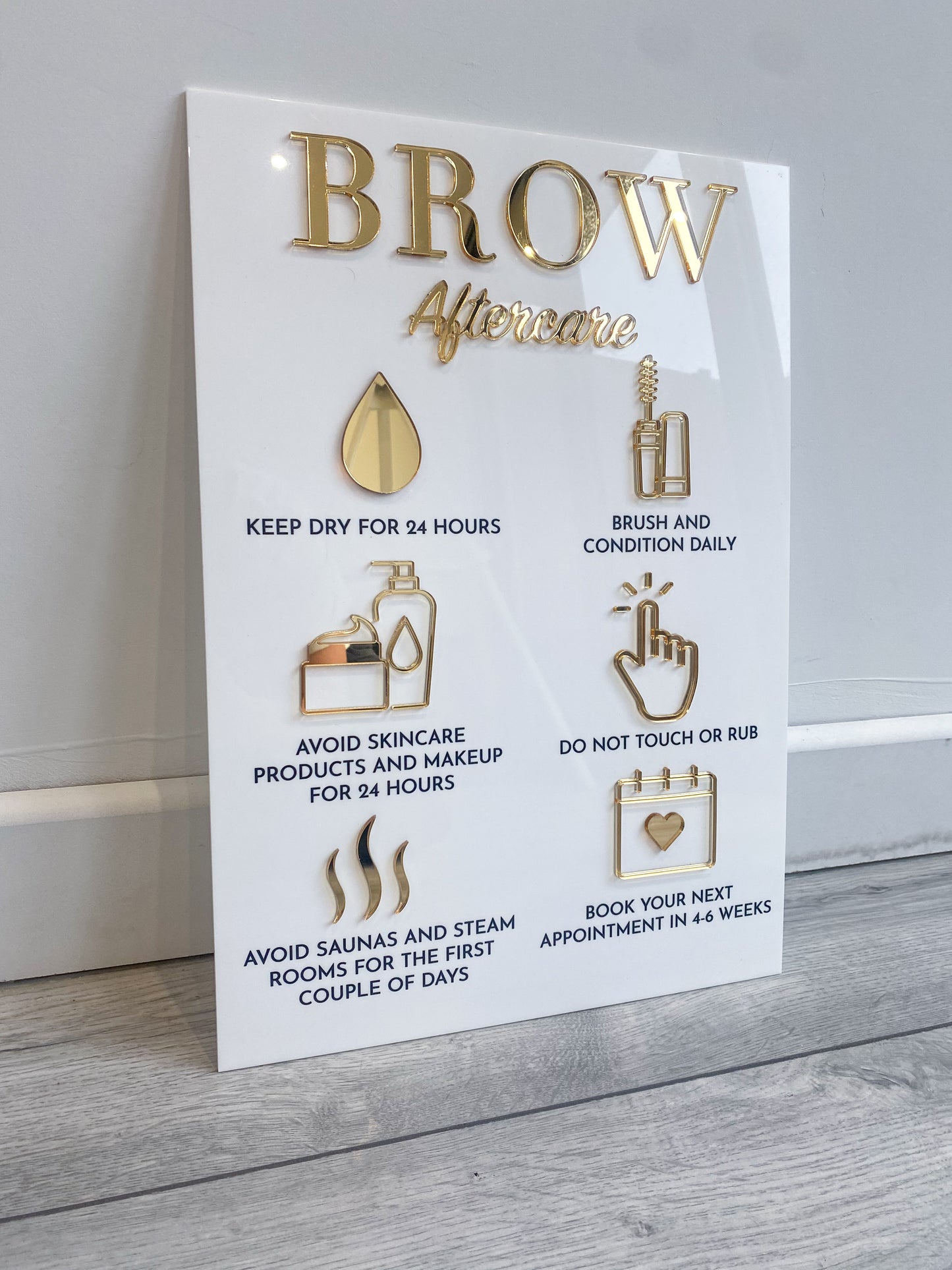 Brow aftercare  acrylic sign in white and gold 