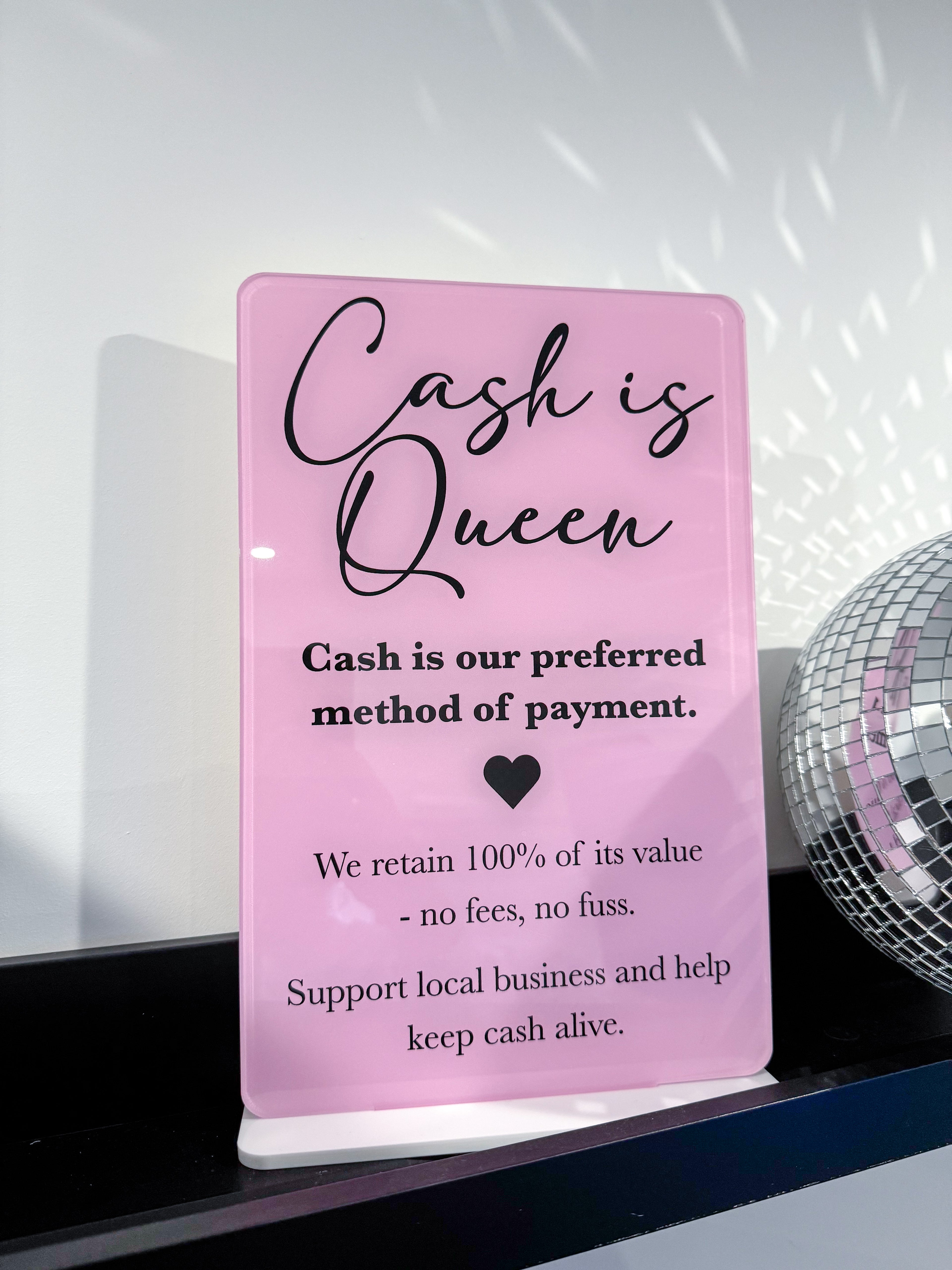Acrylic Business Sign | Cash is Queen | Cash Preferred Sign &amp; Stand