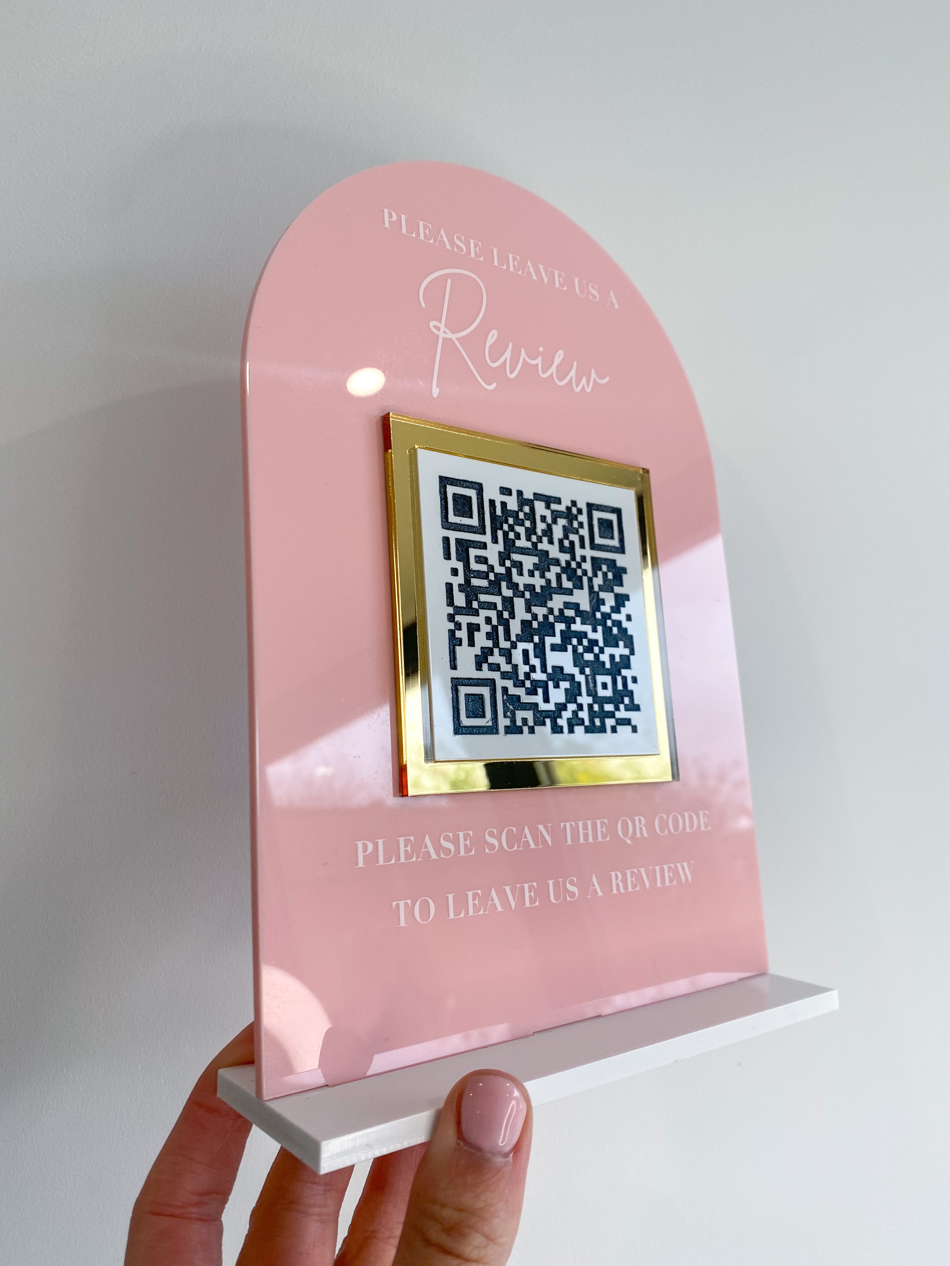 Google review QR code acrylic display sign for salon counter UK made