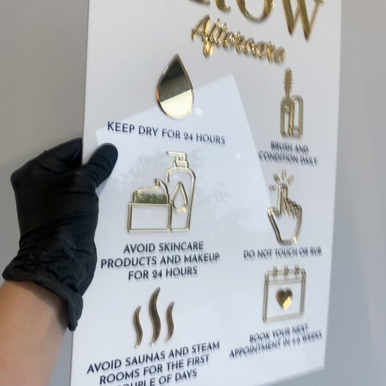 Brow aftercare  acrylic sign in white and gold 