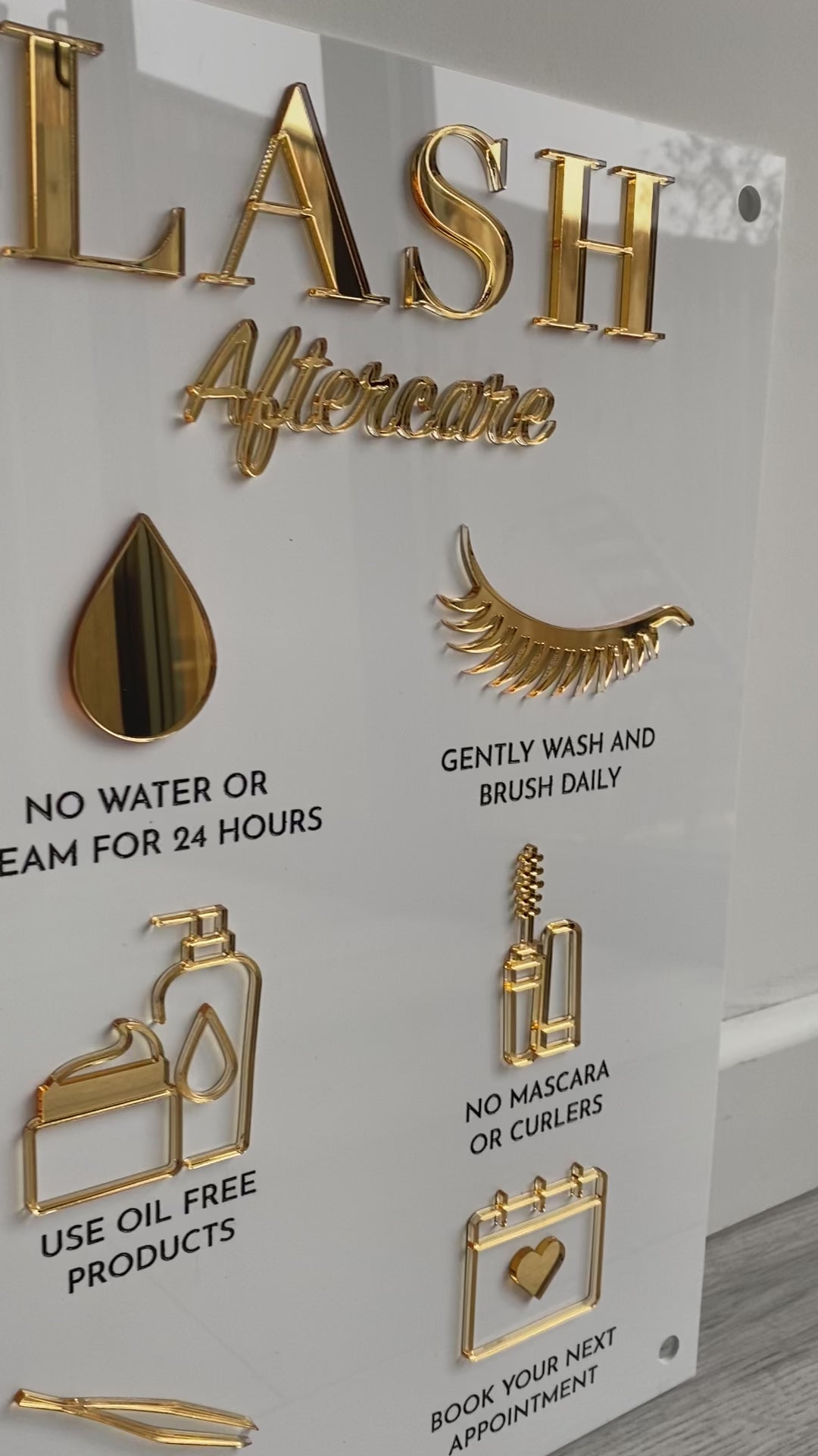 Lash aftercare  acrylic sign in white and gold 