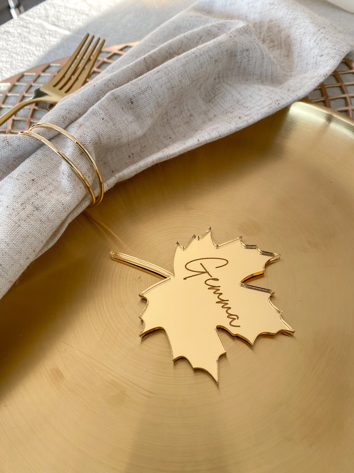 Gold leaf engraved wedding place name setting