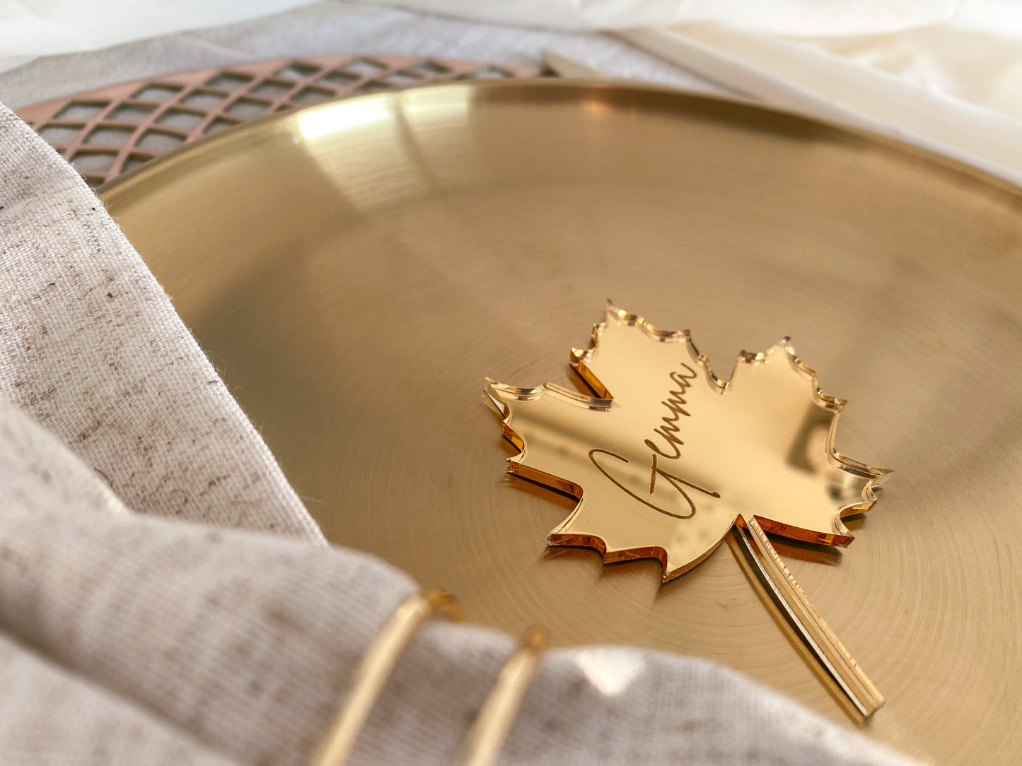 Gold leaf engraved wedding place name setting