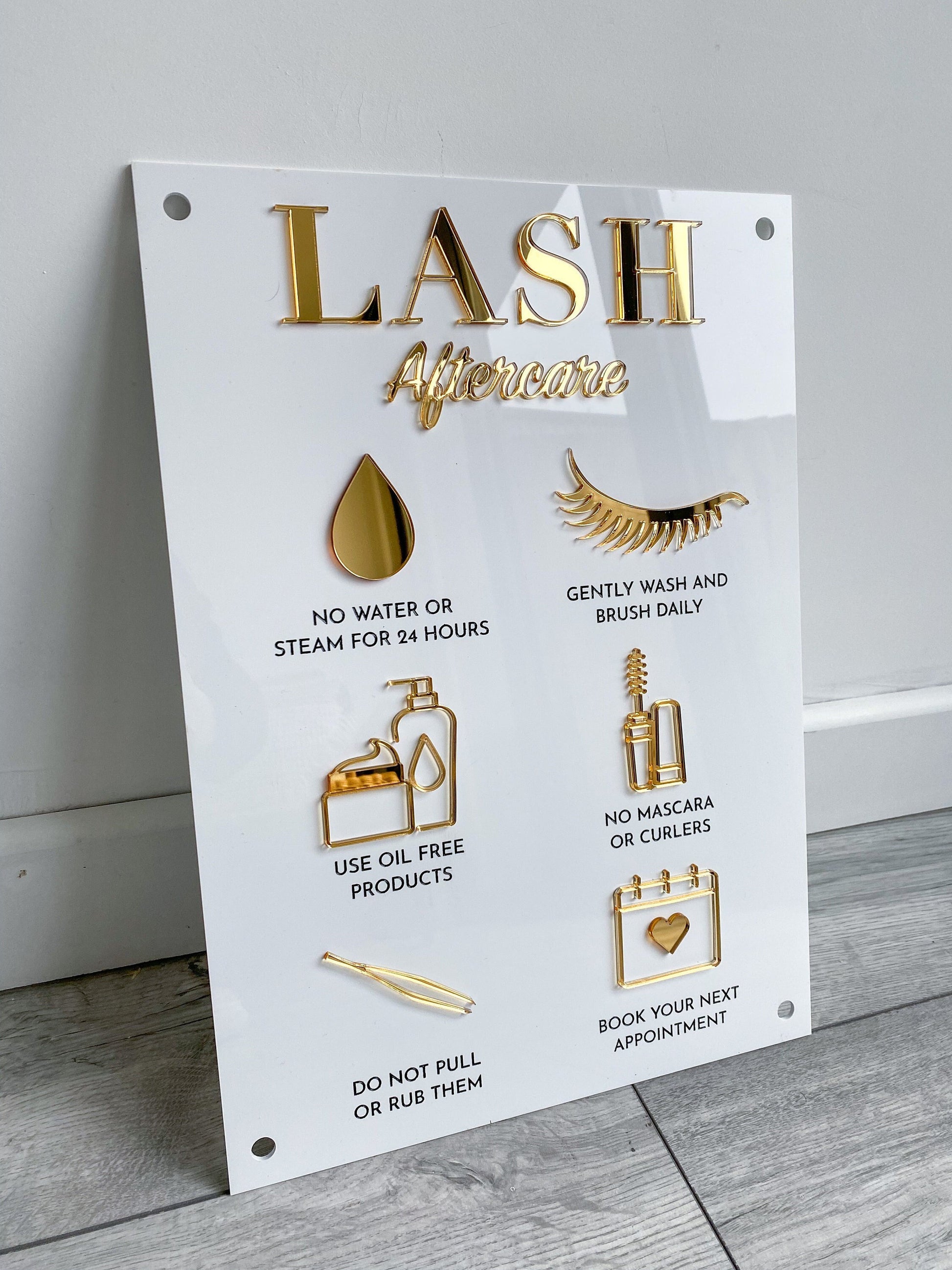 Lash aftercare  acrylic sign in white and gold 