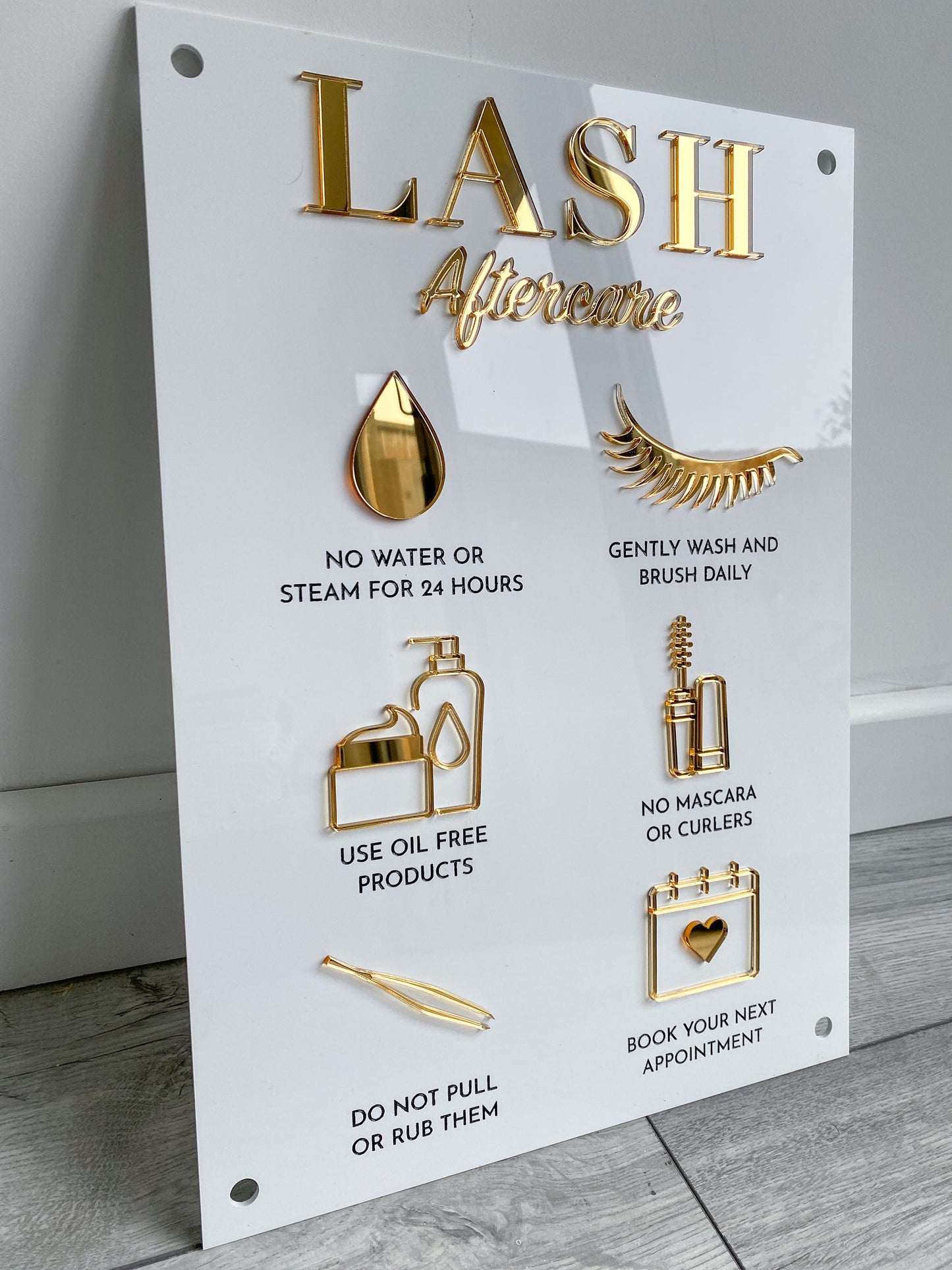 Lash aftercare  acrylic sign in white and gold 