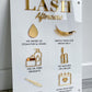 Lash aftercare  acrylic sign in white and gold 