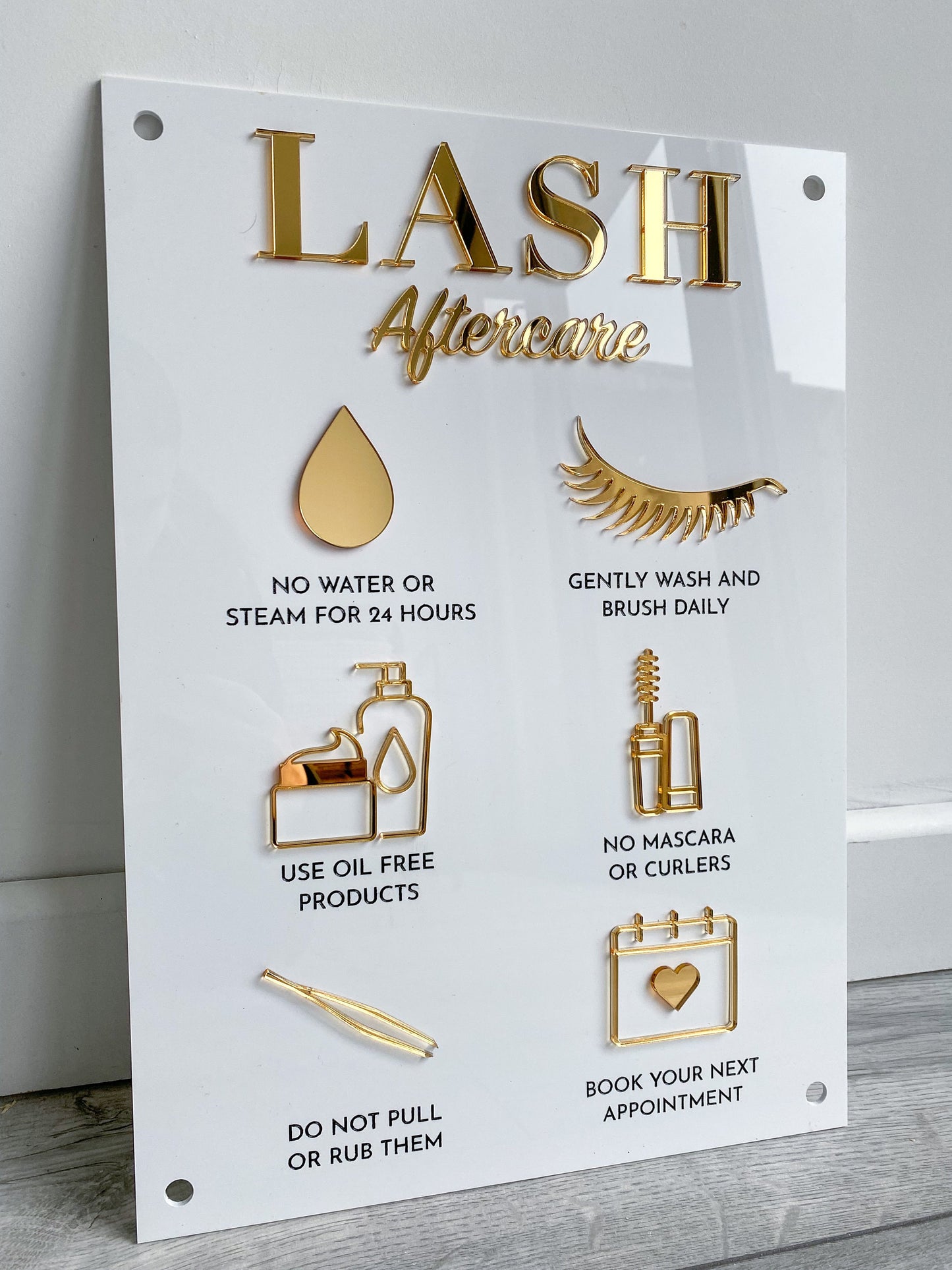 Lash aftercare  acrylic sign in white and gold 